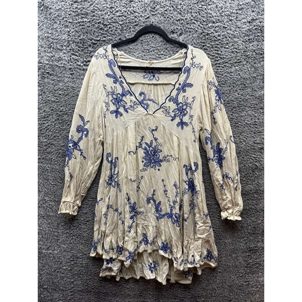 Free People Estella Embroidered Long Sleeve Mini Dress‎ Off-White Womens Size XS